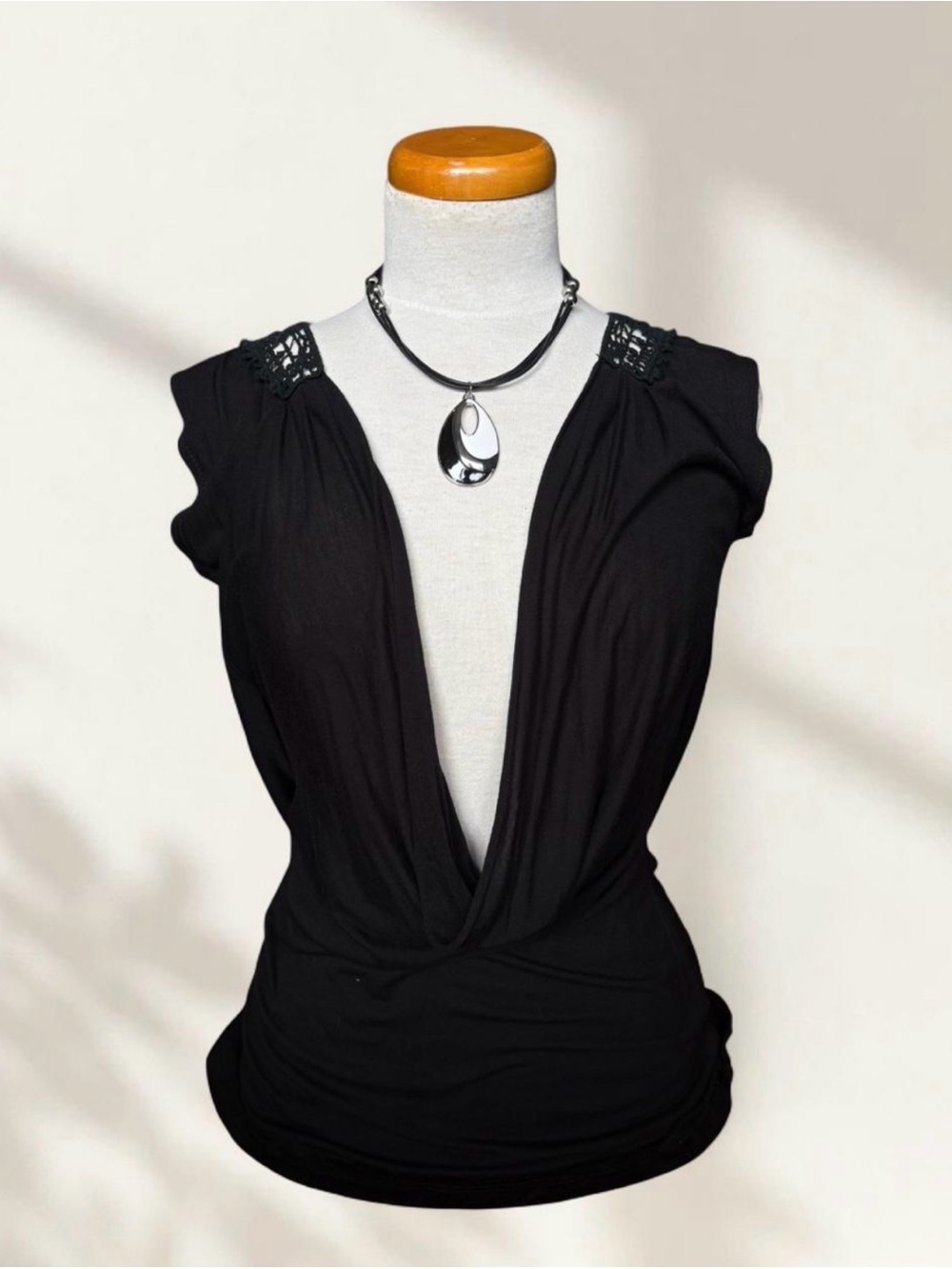 Black Draped V-Neck Camisole with Crochet-Trim Shoulders
